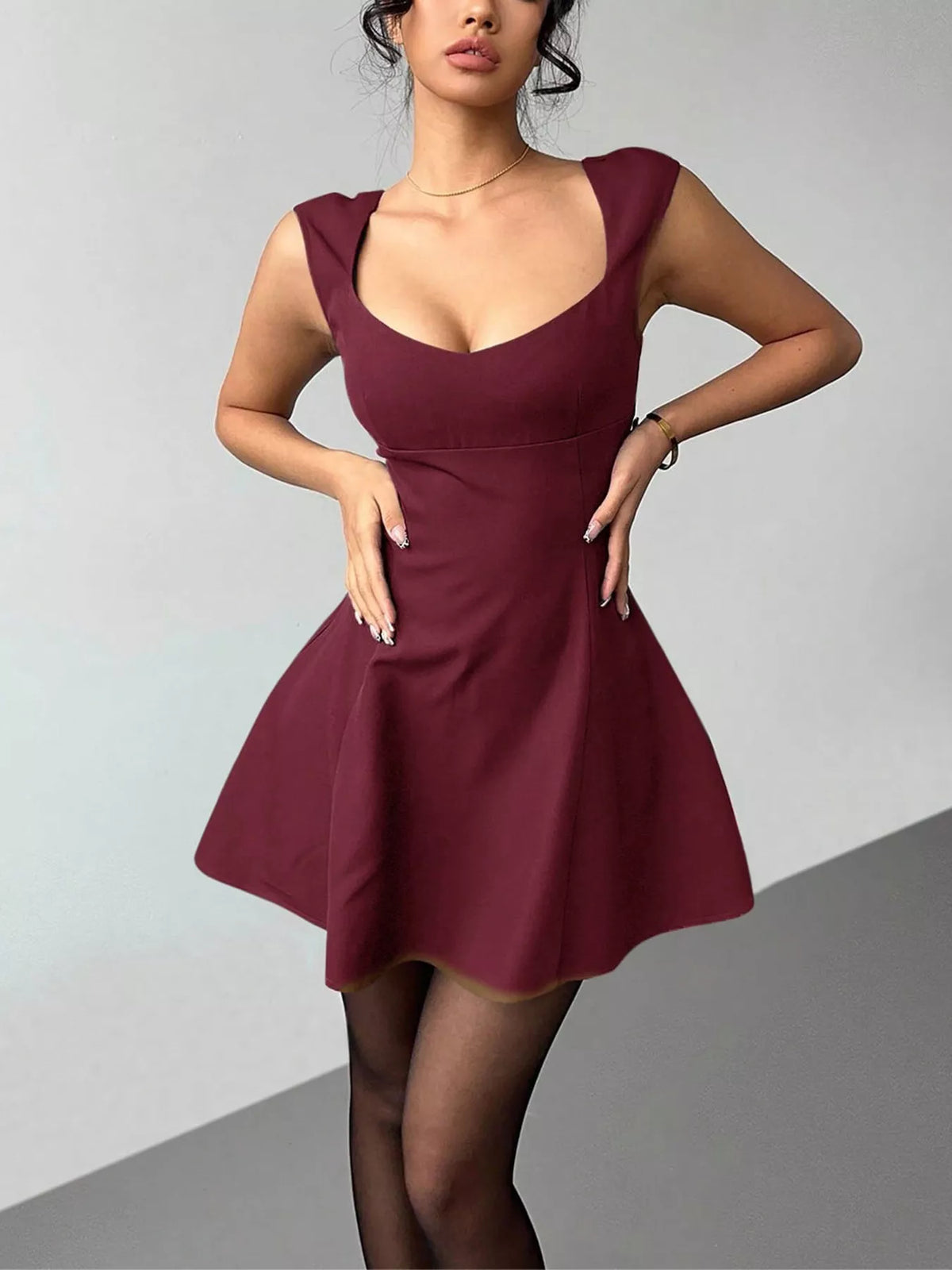 Burgundy sleeveless A line mini dress front view