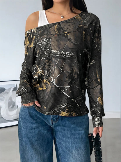 Asymmetrical Neck Printed Long Sleeve Top - Fashorio
