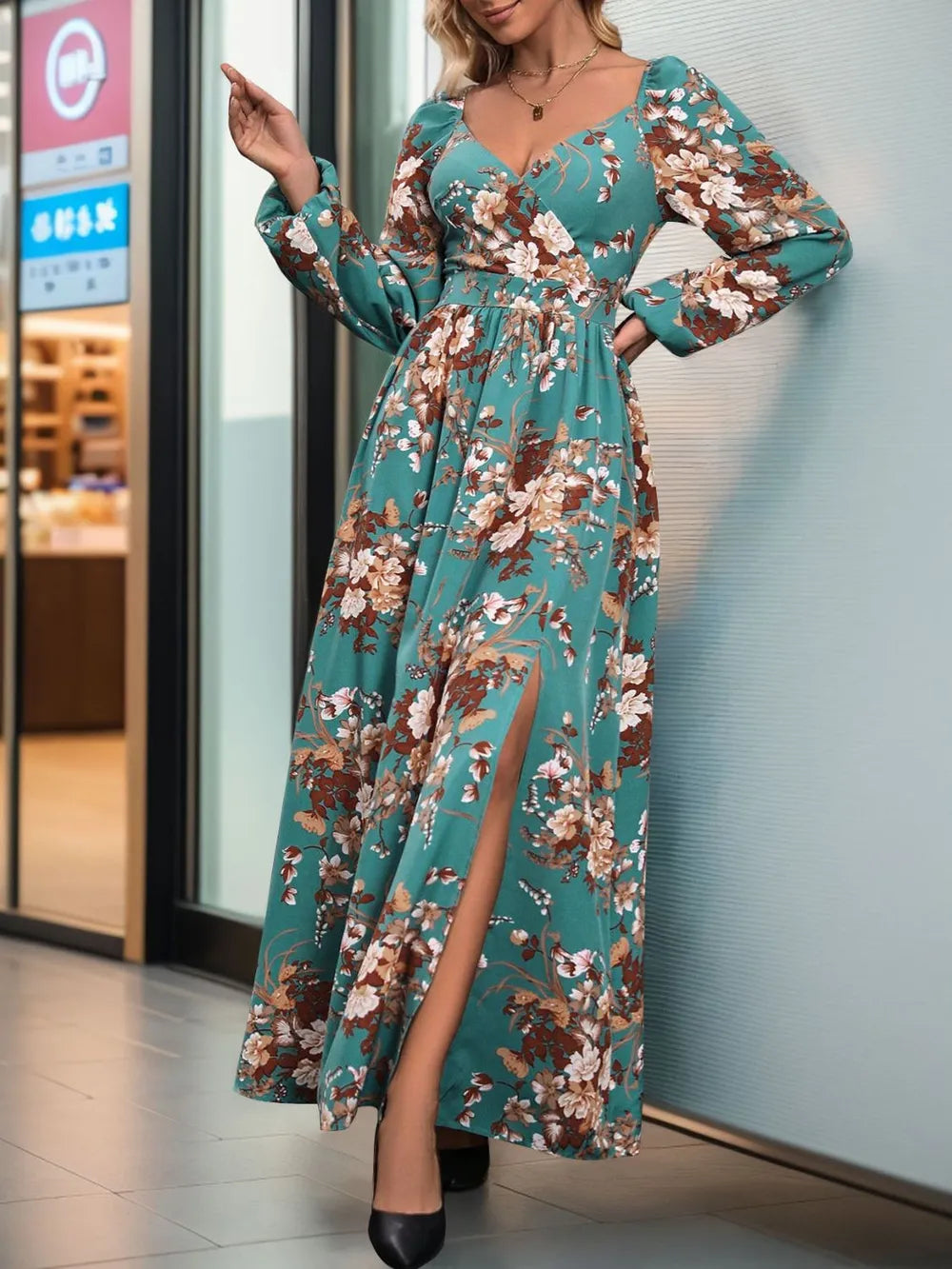 Long sleeve printed maxi dress full length styling