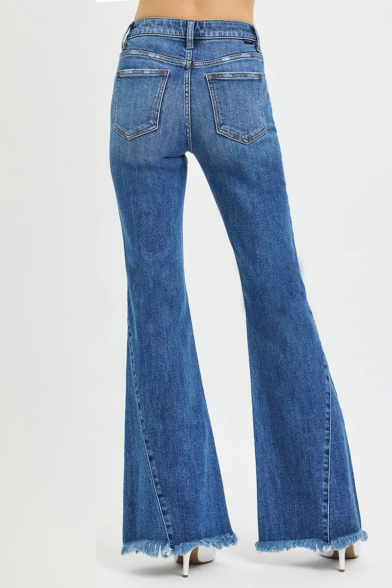 RISEN dark denim flare jeans raw hem detail