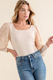 And The Why Textured Puff Sleeve Bodysuit Beige - Fashorio