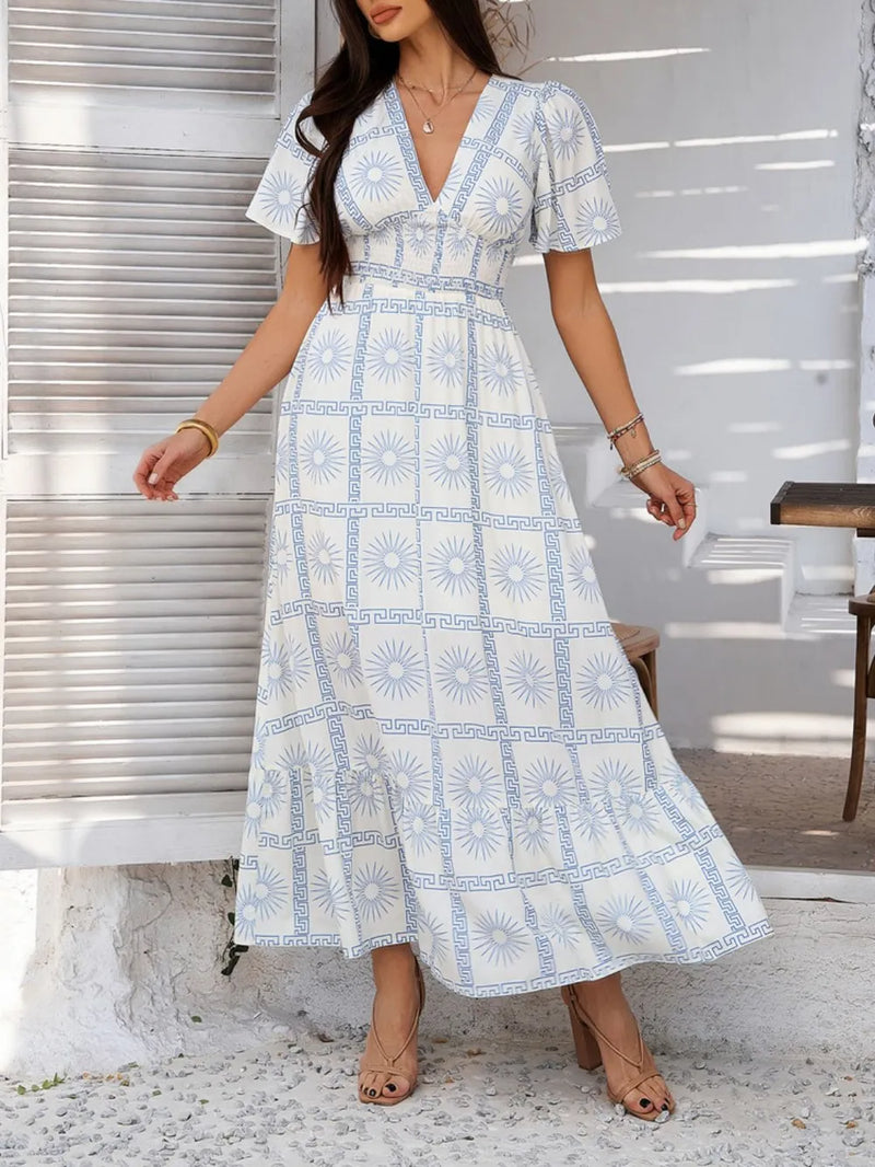Smocked printed V-neck short sleeve maxi dress front view