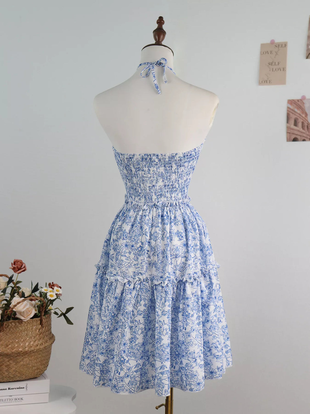 Blue floral halter neck ruffle hem summer dress, detail view