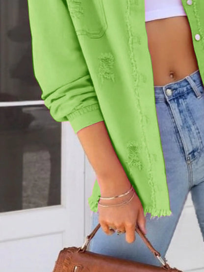 Distressed Denim Jacket with Frayed Edges - Fashorio