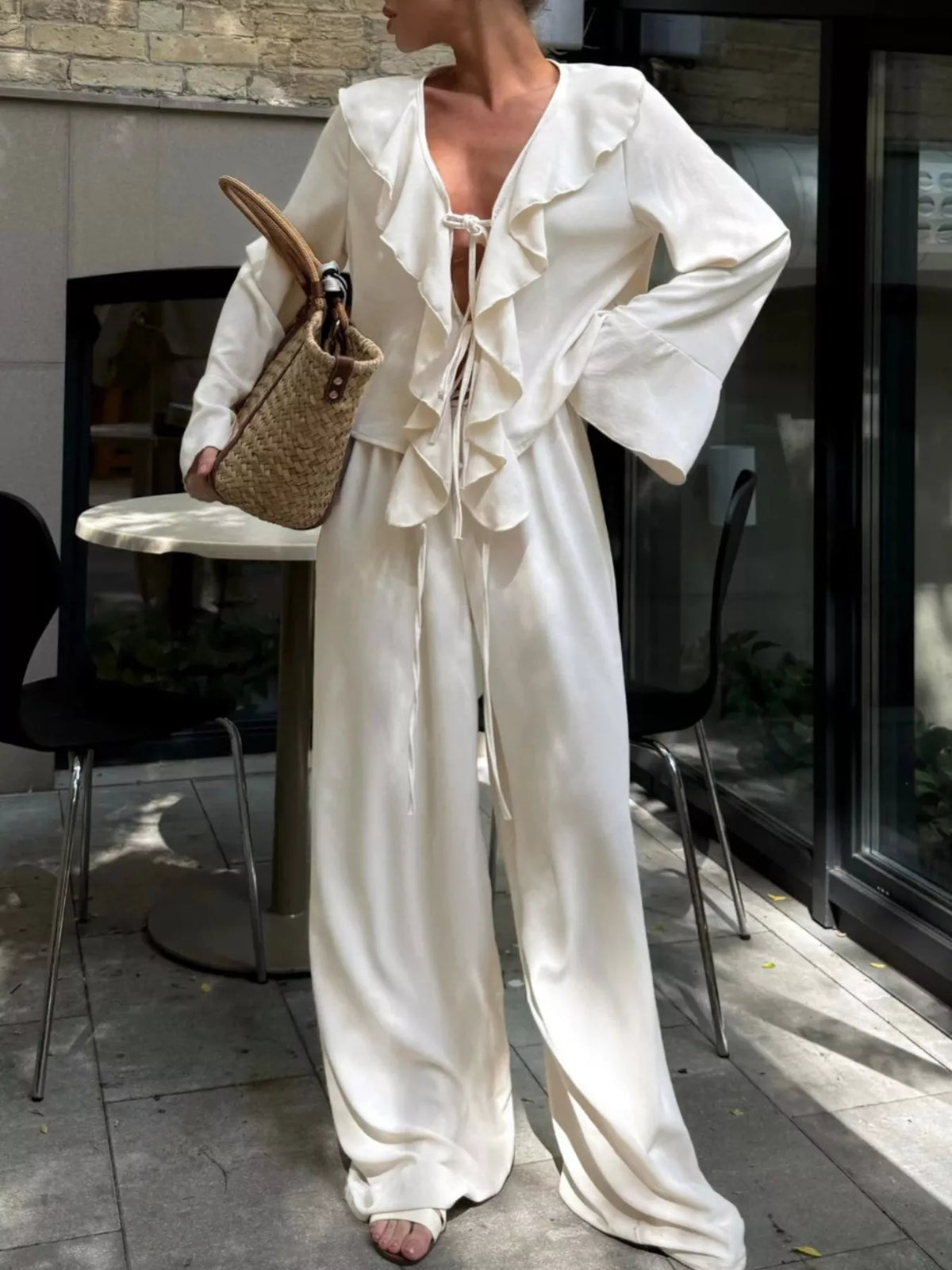 Ruffle tie front top and pants matching set
