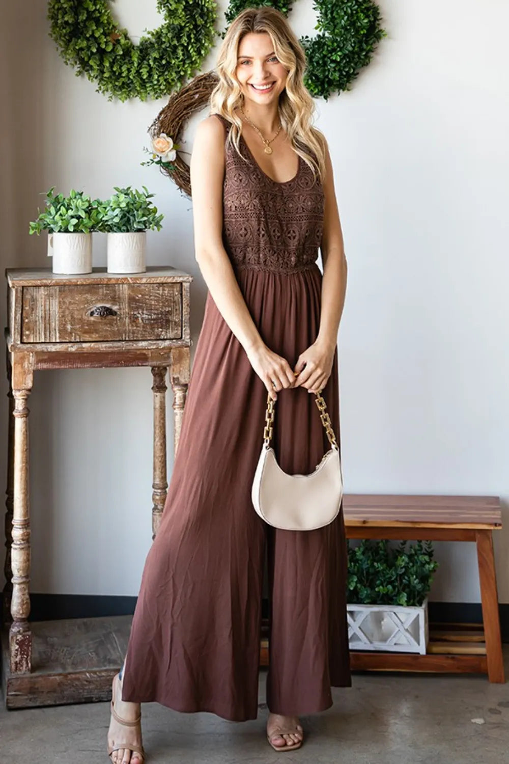 Tie Back Sleeveless Slit Wide Leg Jumpsuit detail
