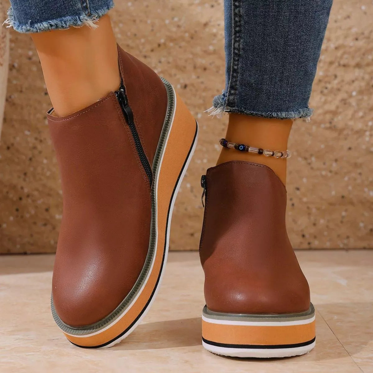 Wedge boots styled with skirt
