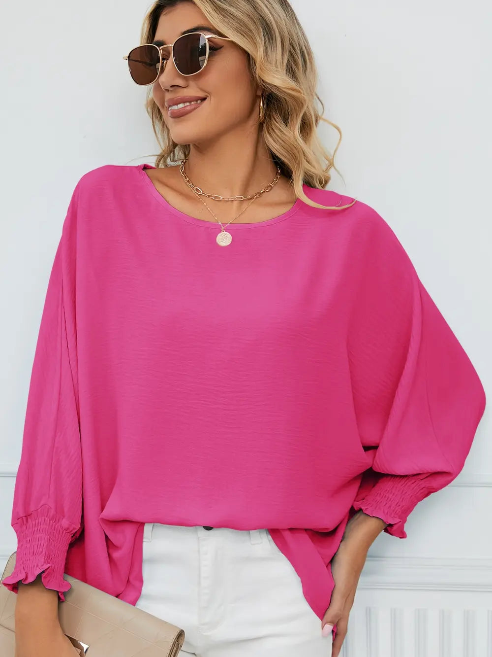 Smocked Lantern Sleeve Round Neck Blouse - Fashorio