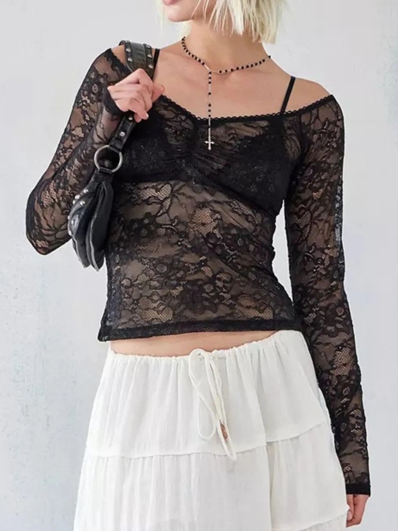 Lace Sheer Long Sleeve T-Shirt - Fashorio