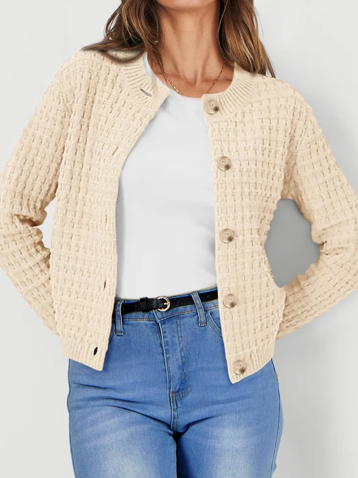 Textured knit button front cardigan, sleeve and cuff detail