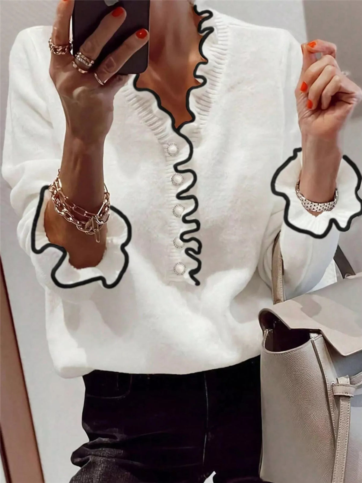 Ruffled trim button front sweater front view
