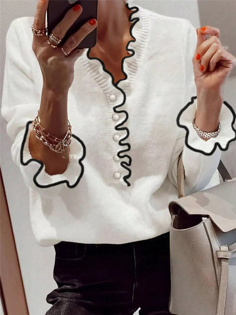 Ruffled trim button front sweater front view