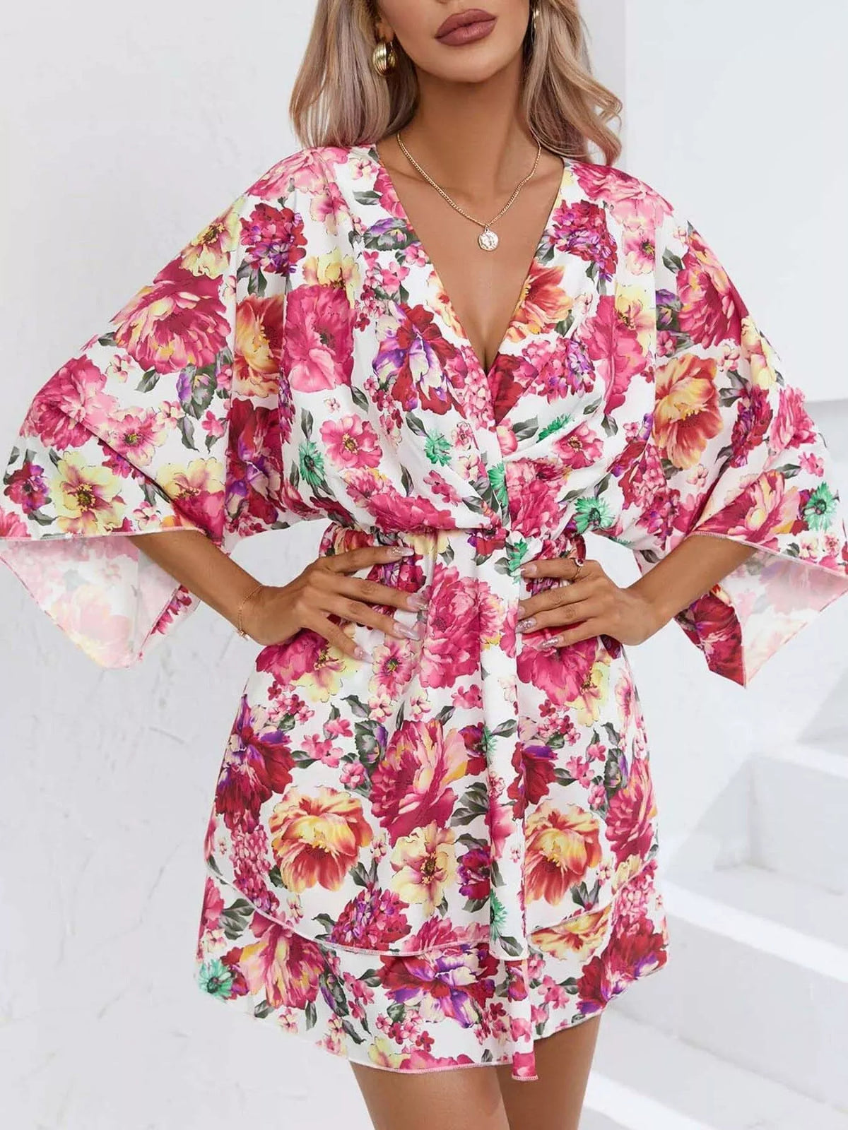 Floral print tiered ruffle hem mini dress front view