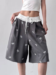 Bow Print Wide Leg Shorts with Contrast Ruffle Waistband Grey - Fashorio