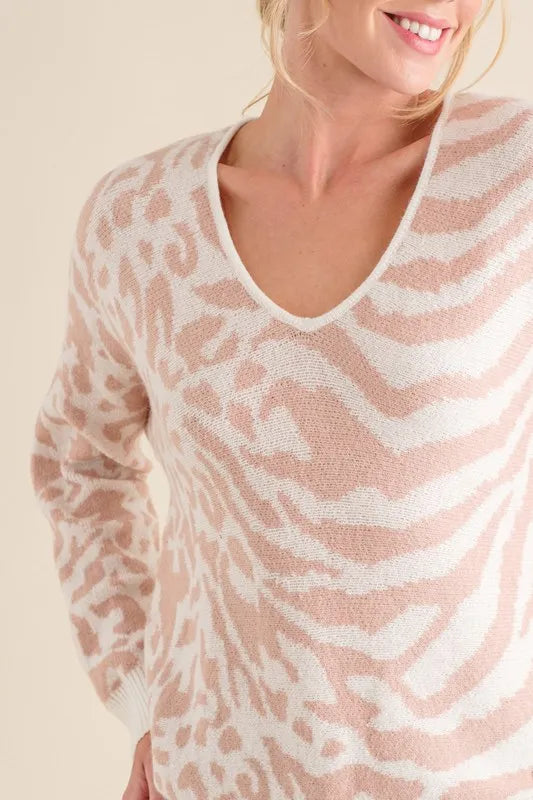 Leopard and Zebra Print Sweater Top in Pale Pink styled look