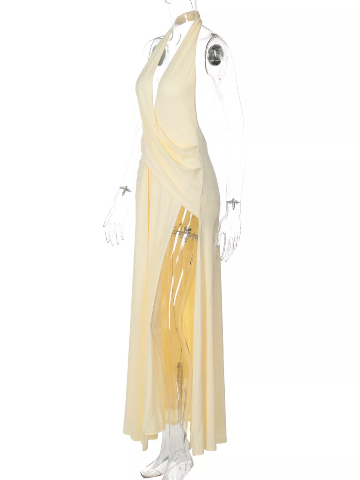 Split backless dress styled for an evening out