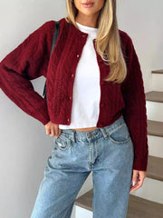 Cable Knit Button-Up Cardigan Red - Fashorio