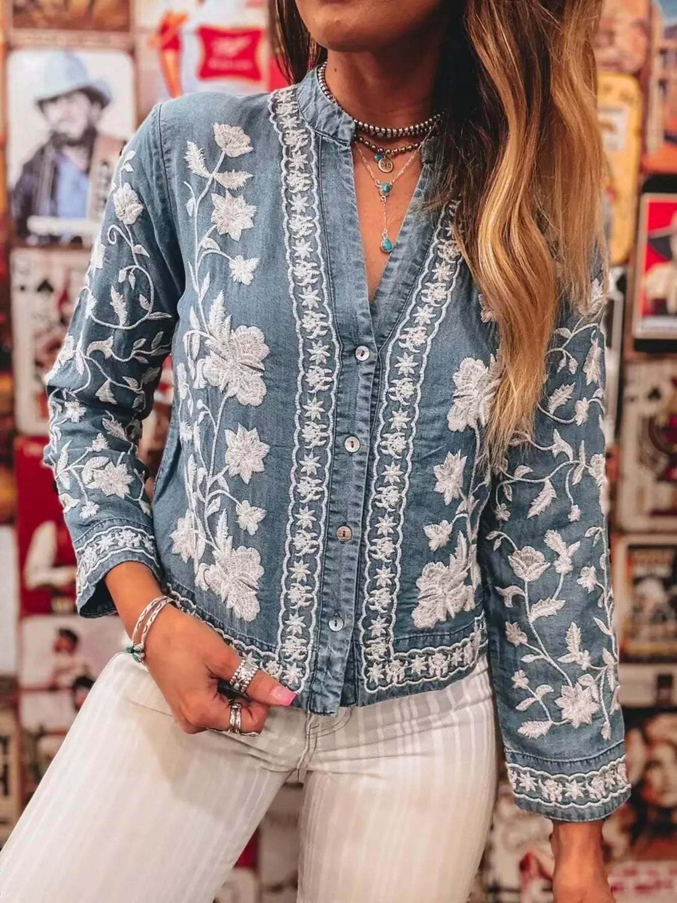 Floral Embroidered Button Up Denim Shirt - Fashorio