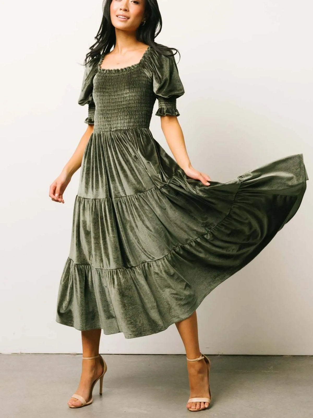 Smocked Half Sleeve Tiered Midi Dress styled on model 16