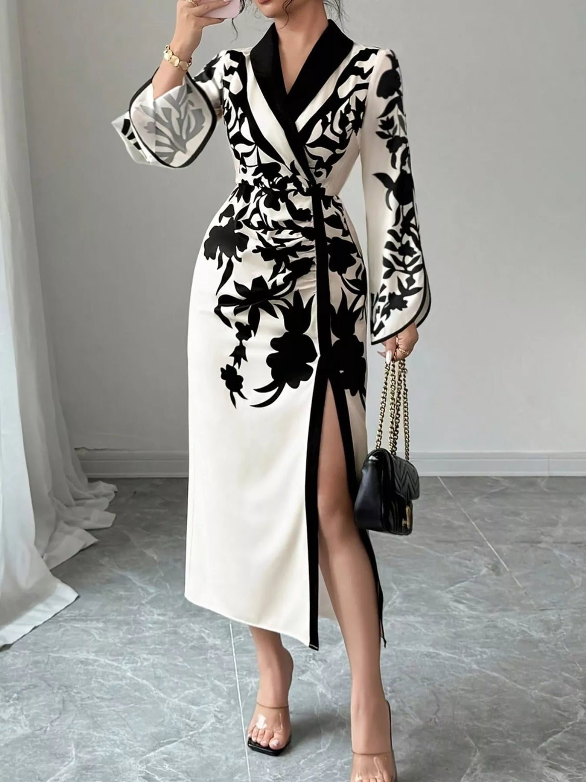 White and black wrap midi dress front view