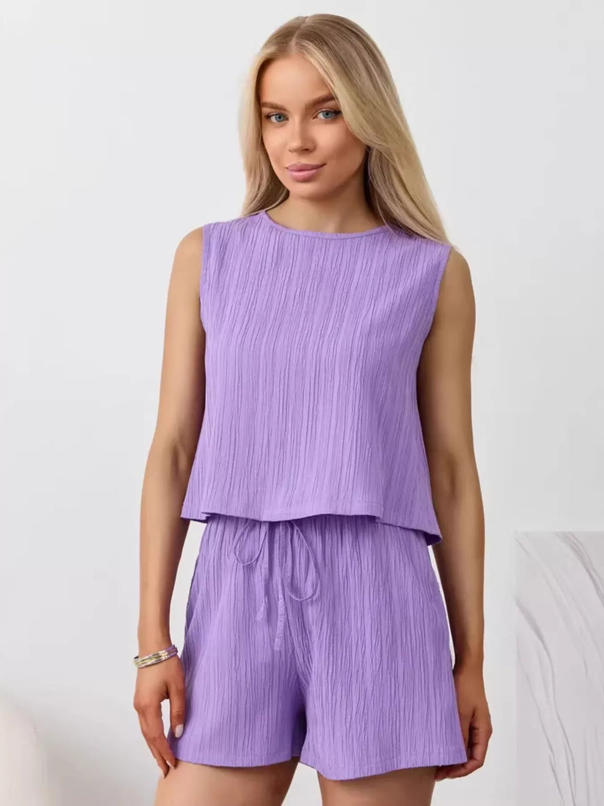 Textured Round Neck Tank and Shorts Set, view 32