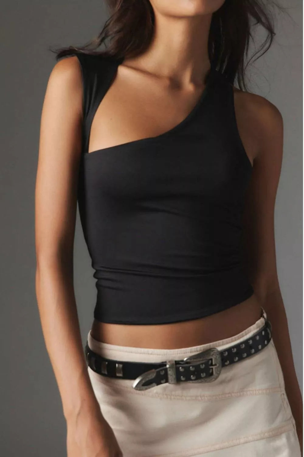 Black asymmetrical neckline sleeveless tank side view