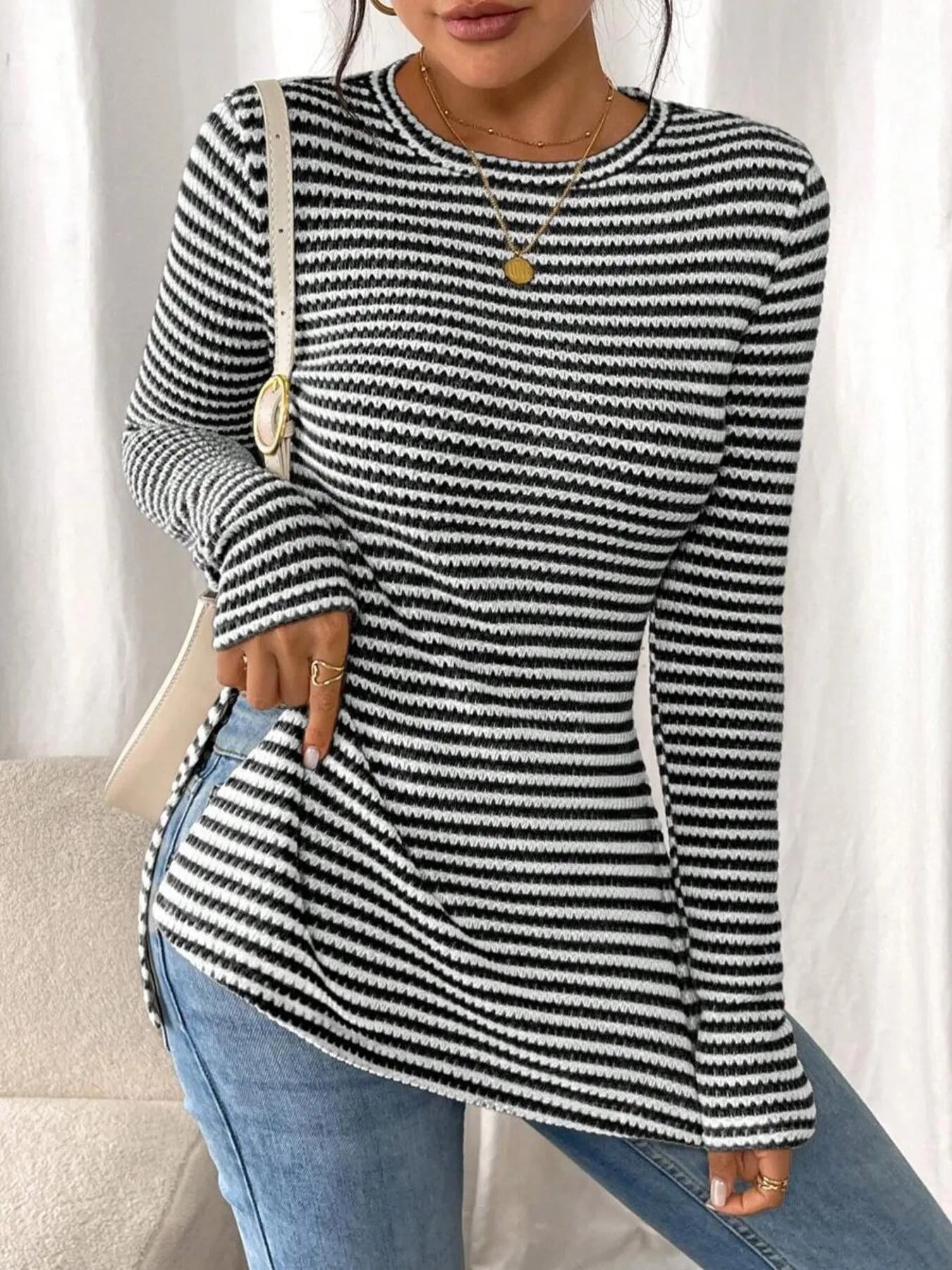Side Slit Striped Long Sleeve T-Shirt - Fashorio