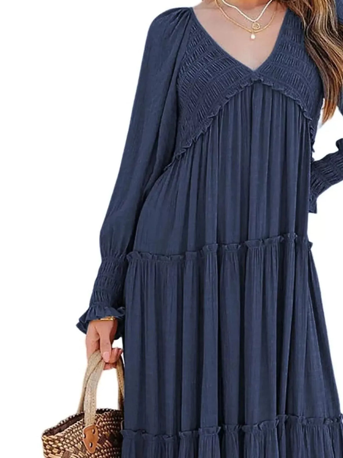 v neck long sleeve tiered maxi dress styled view 3