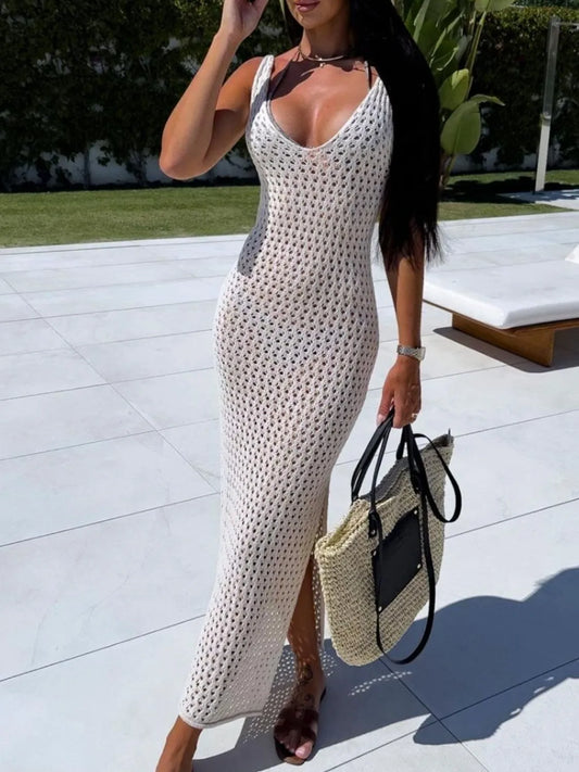Openwork Slit Sweater Maxi Dress Beige - Fashorio