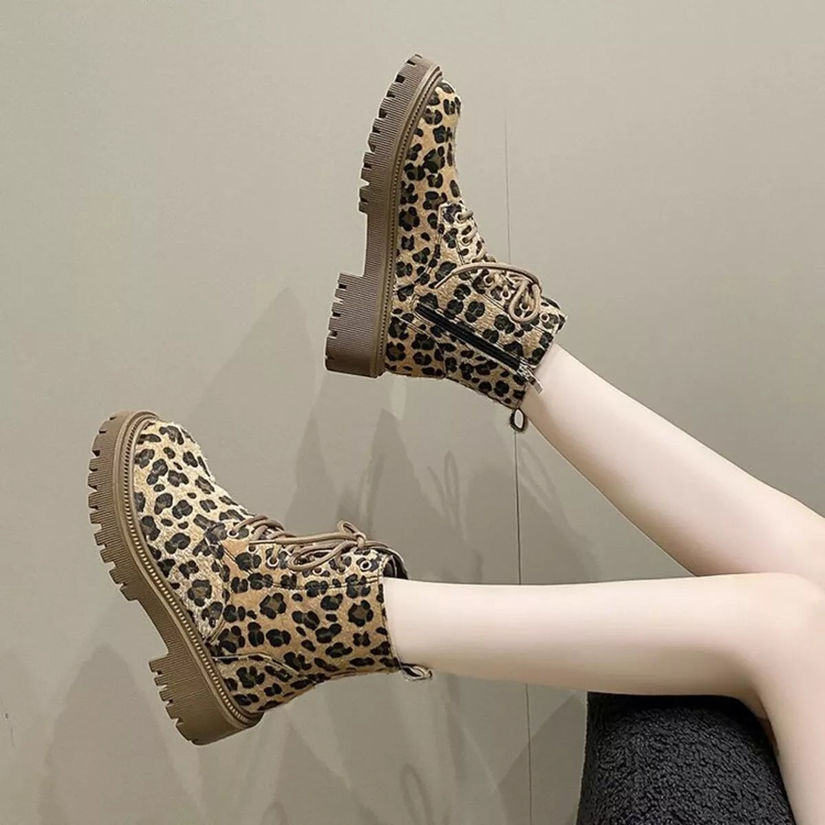 Animal print lace up ankle boots sole and tread