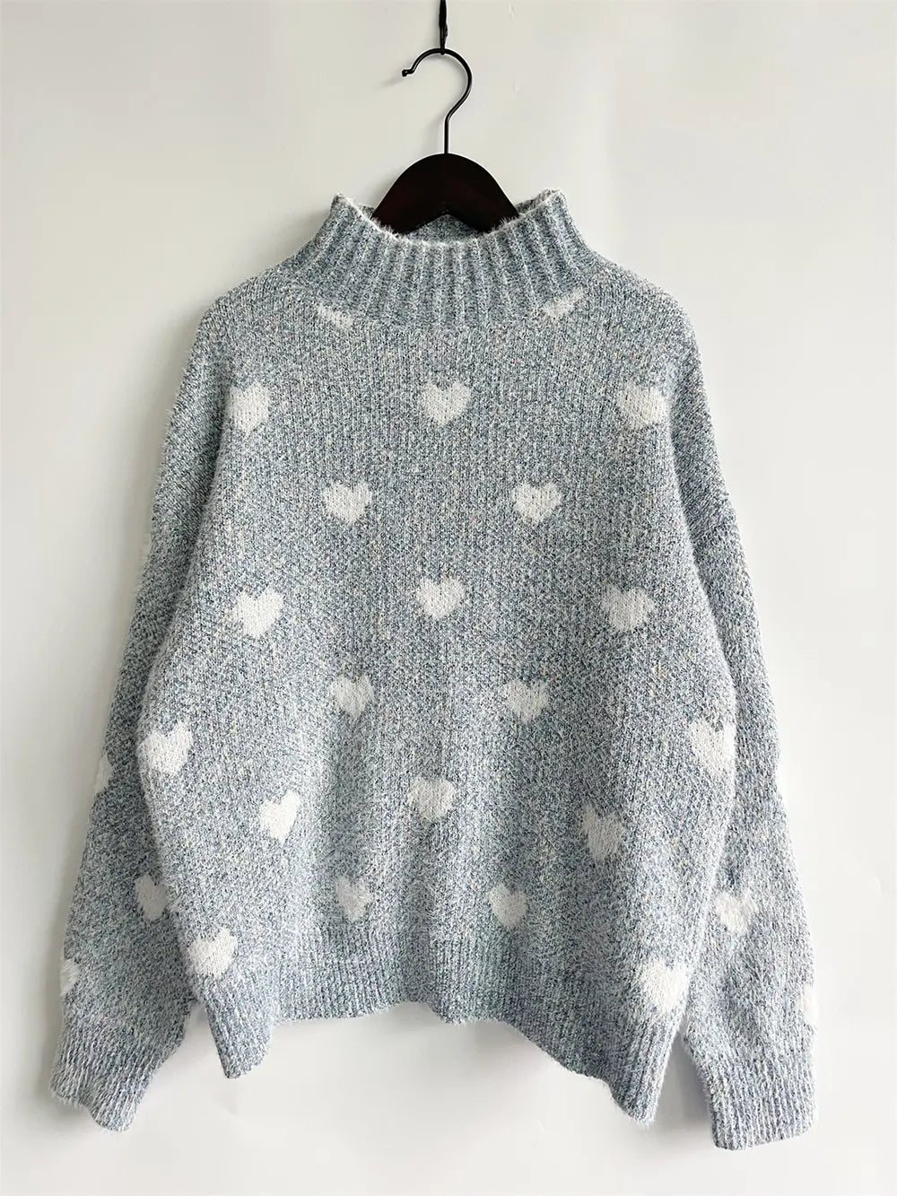 Heart Heathered Turtleneck Drop Shoulder Sweater - Fashorio