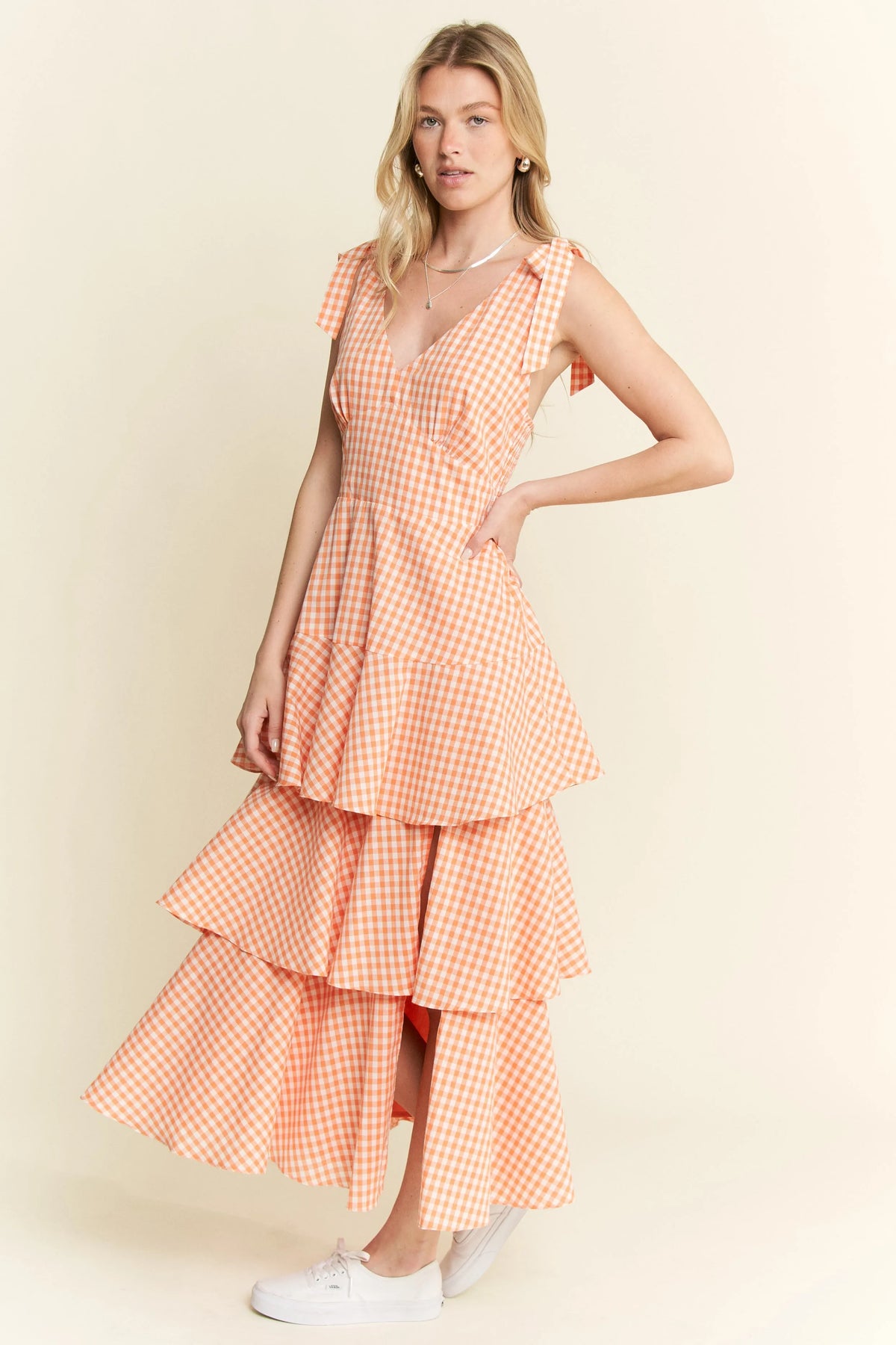 Sleeveless Gingham Print Tiered Midi Dress view 14