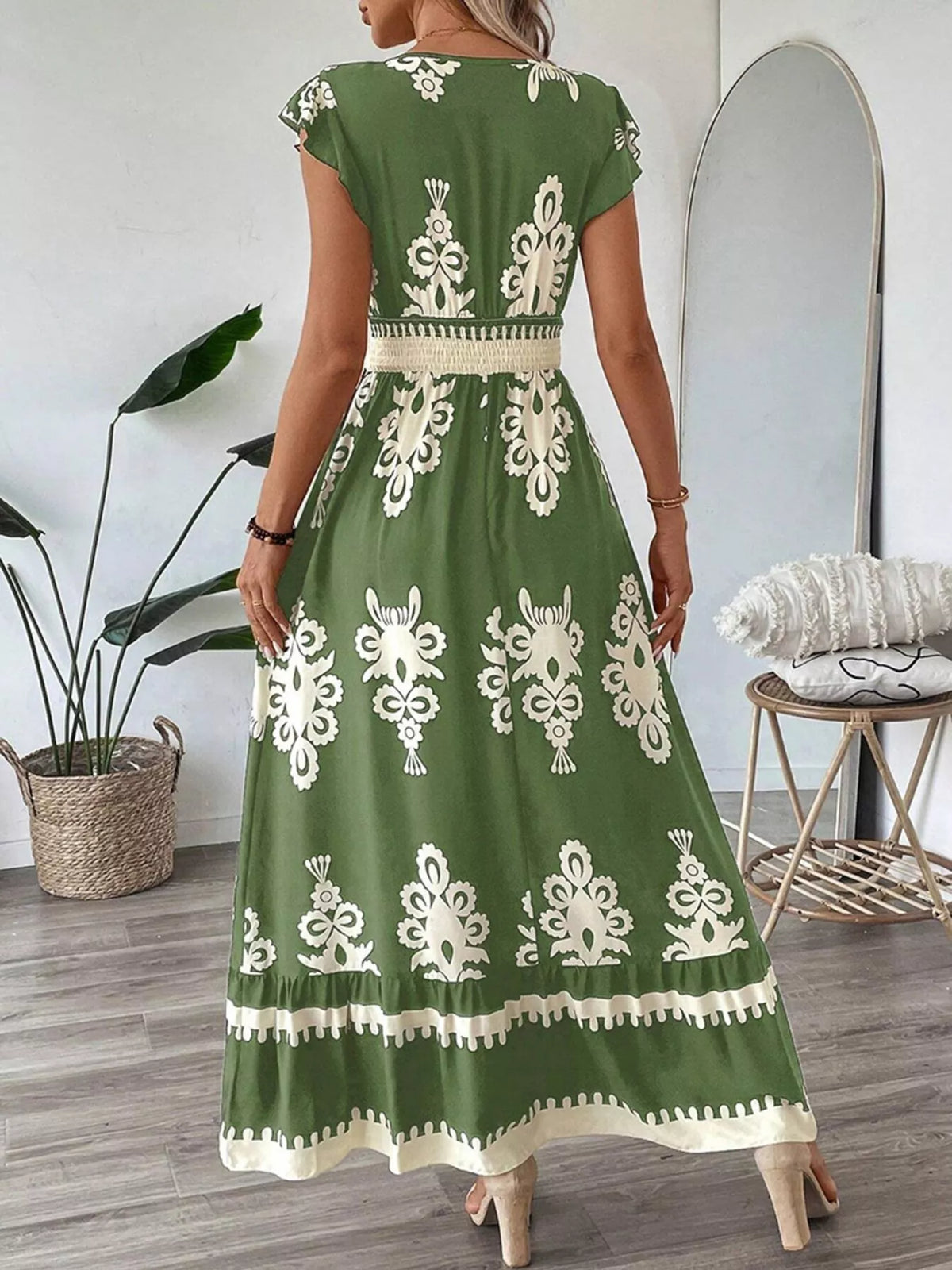 ruffle print v neck maxi dress close up view