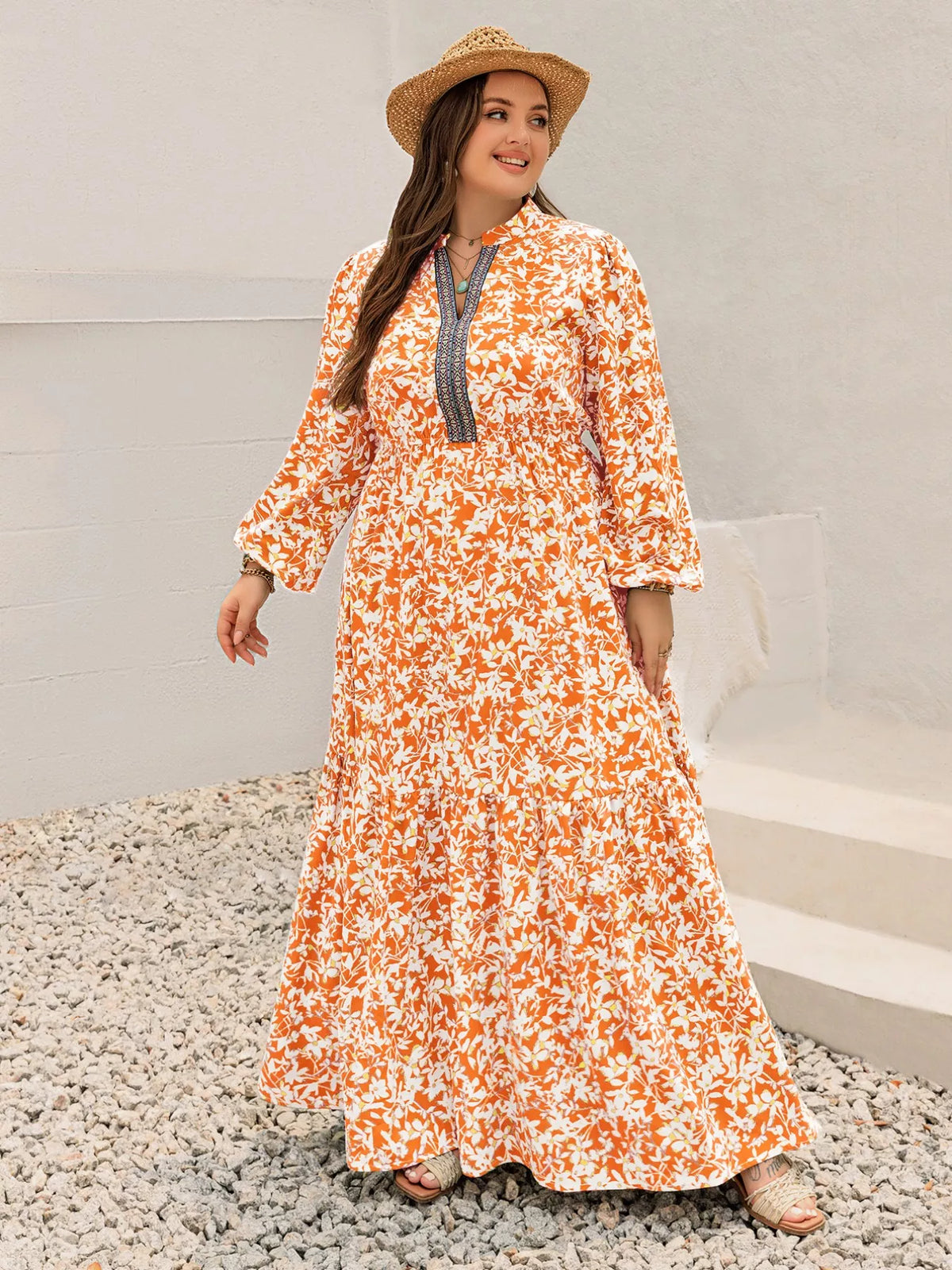 boho floral print maxi dress in tangerine hem detail