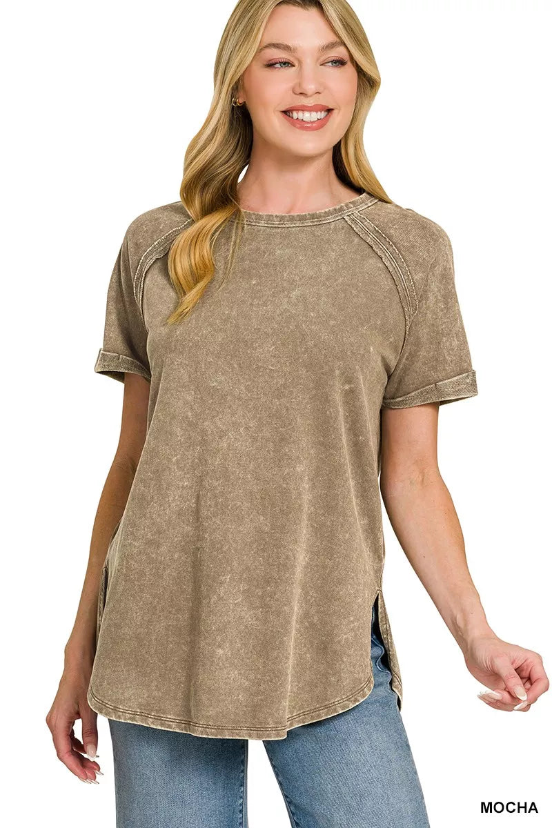 Zenana mocha french terry curved hem top, front view