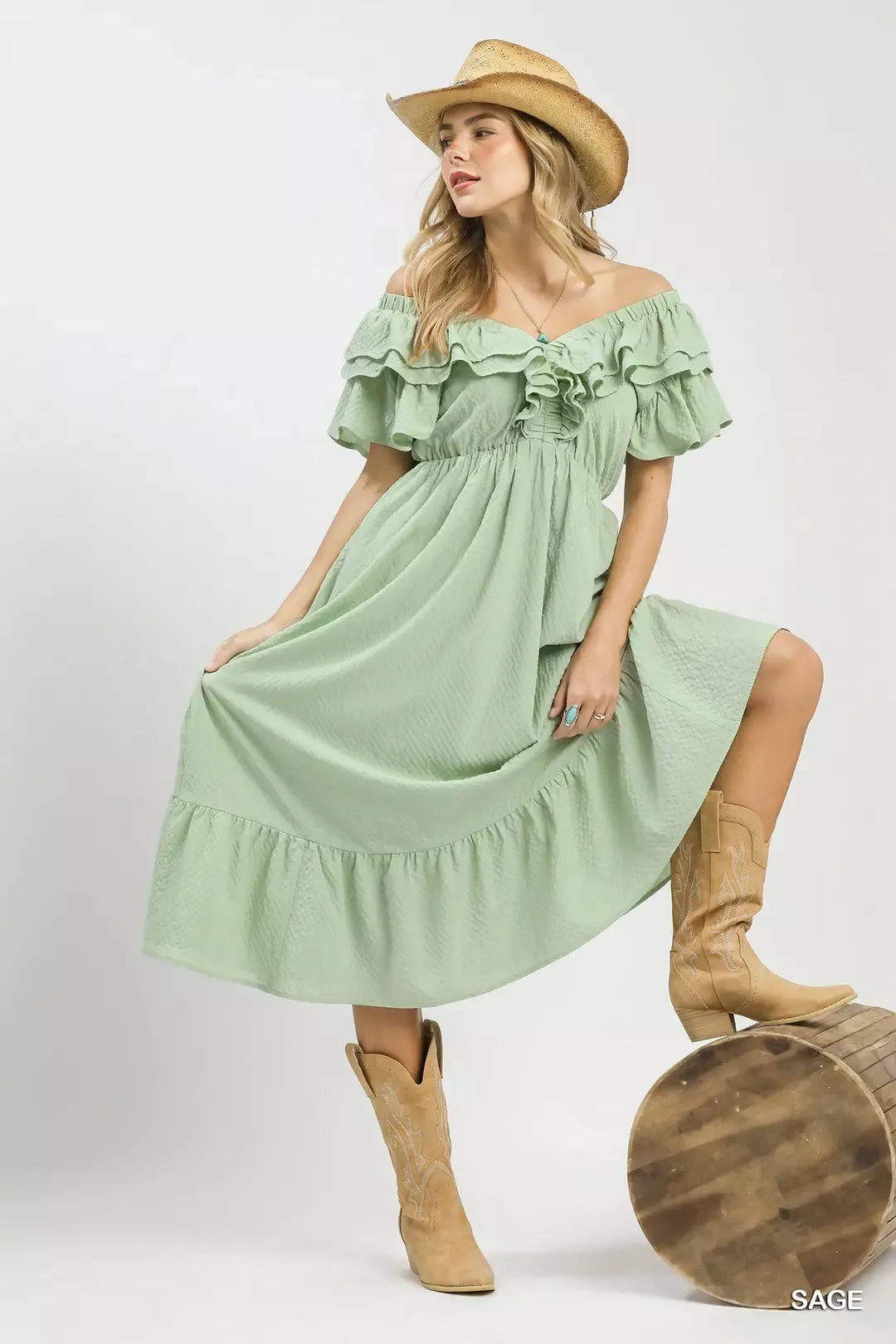 Textured Ruffle Midi Dress on model