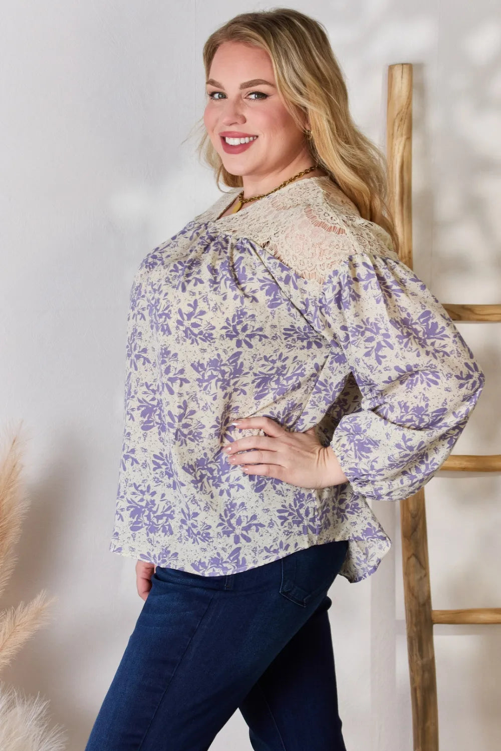 Hailey & Co Full Size Lace Detail Printed Blouse - Fashorio