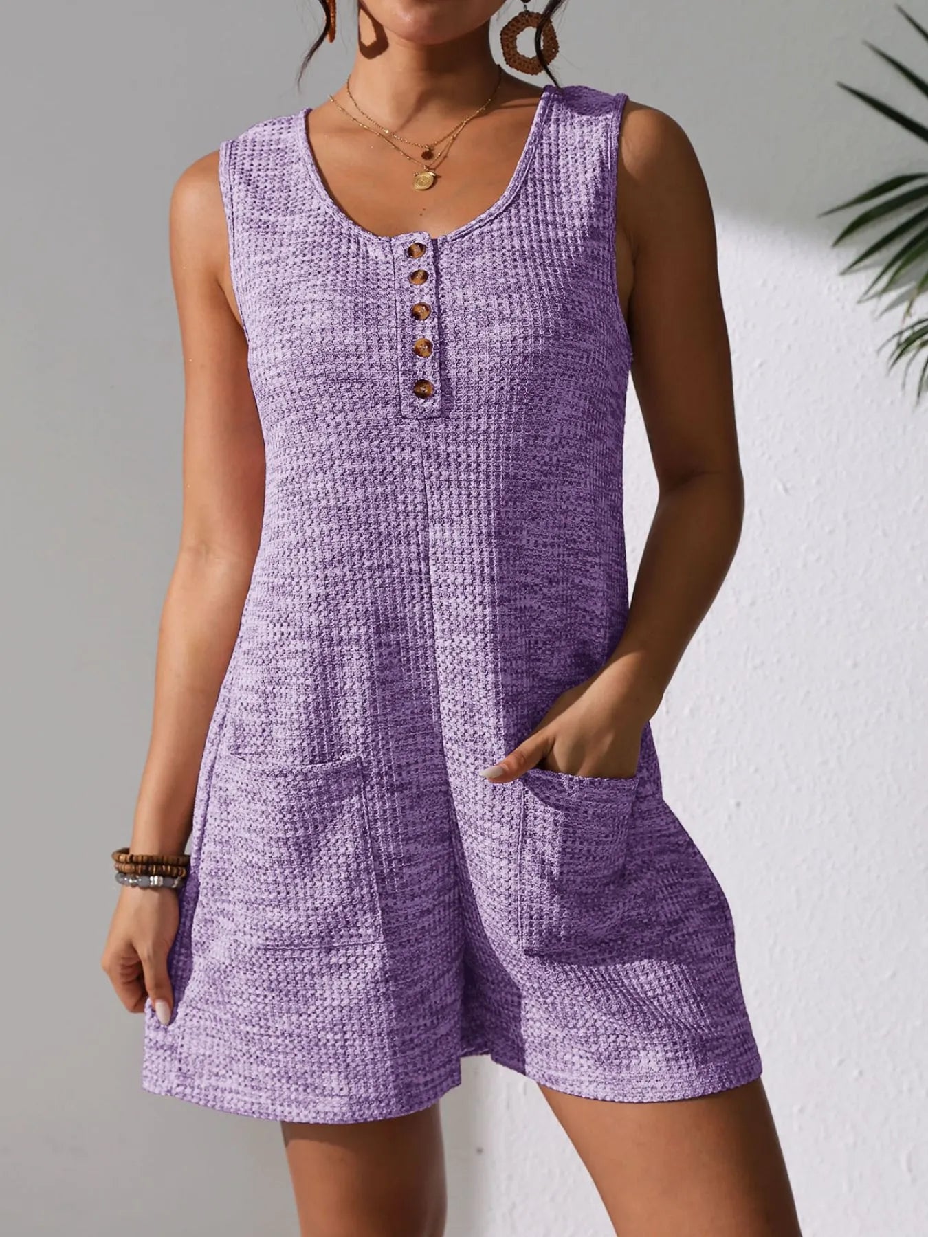 Full Size Button Front Romper with Pockets Plus Size Purple - Fashorio