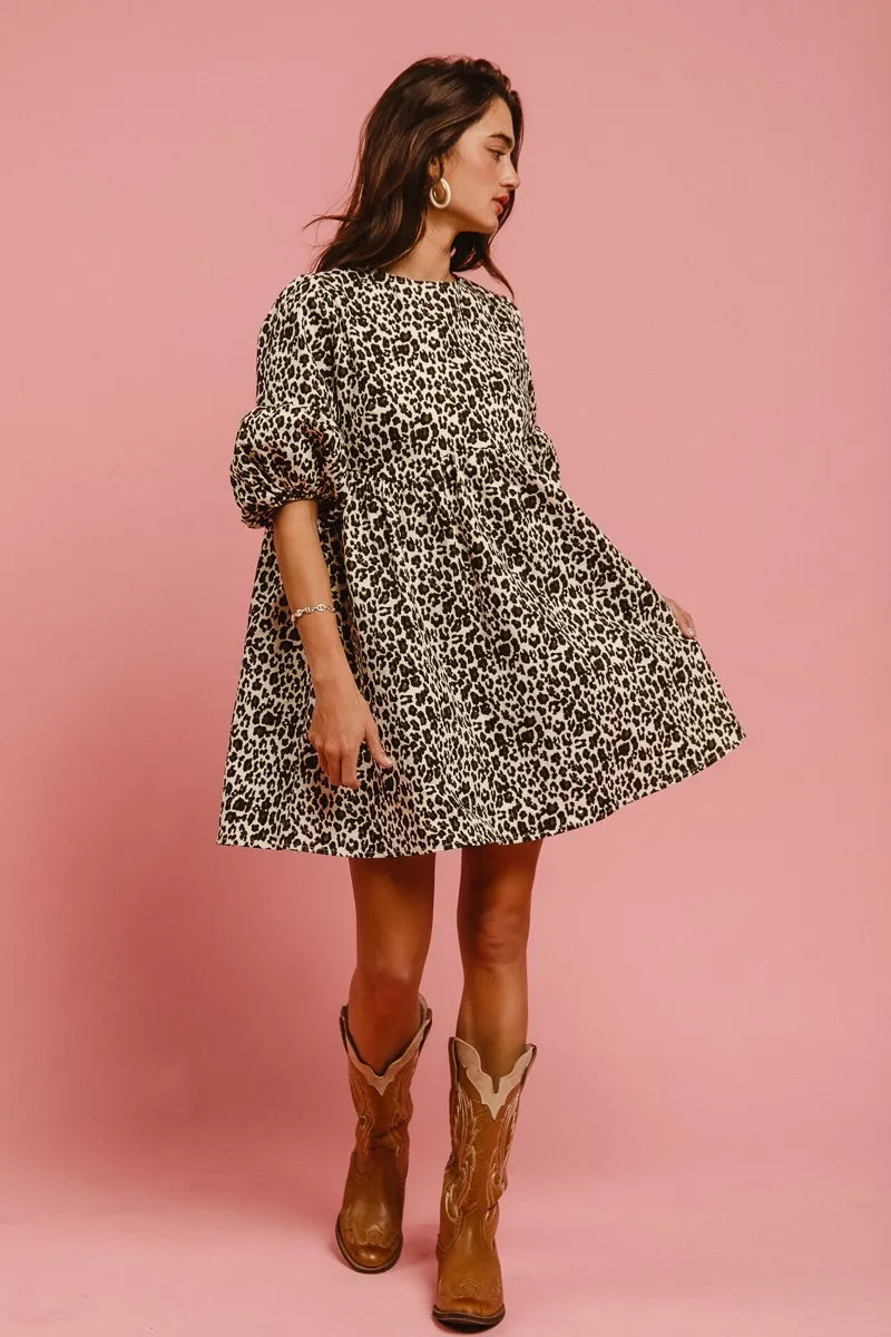 BiBi Leopard Denim Dress With Back Contrast Tie Detail - Fashorio