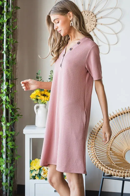 Solid Ribbed Mini Dress with Button view 10