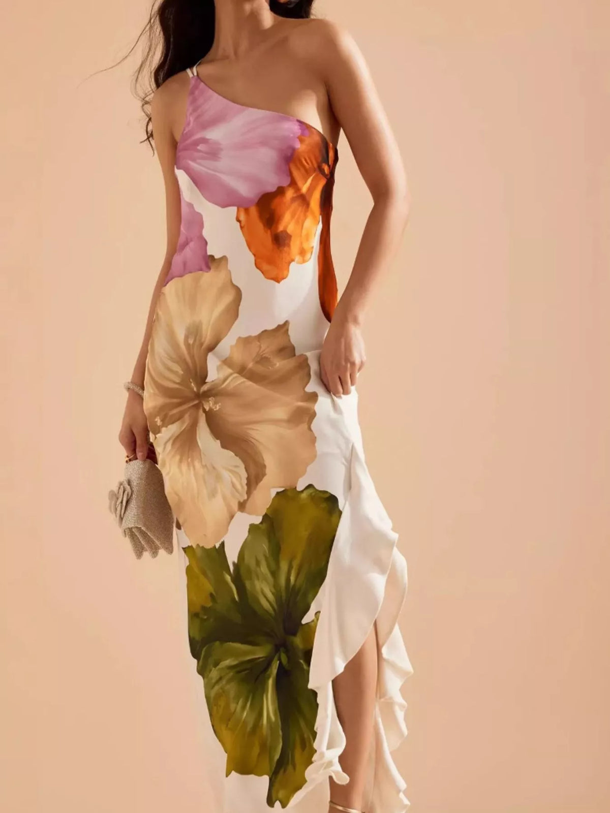 Floral one shoulder ruffle hem maxi dress front view