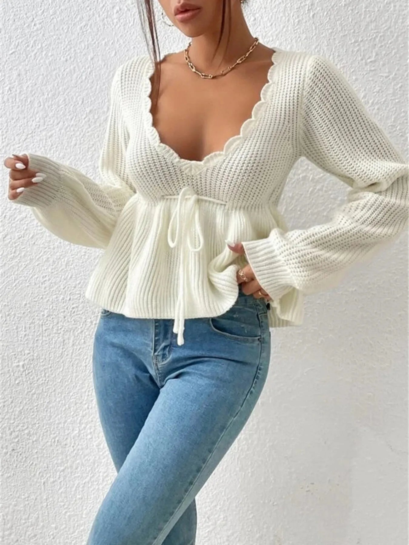 Scalloped V-Neck Drawstring Knit Top - Fashorio