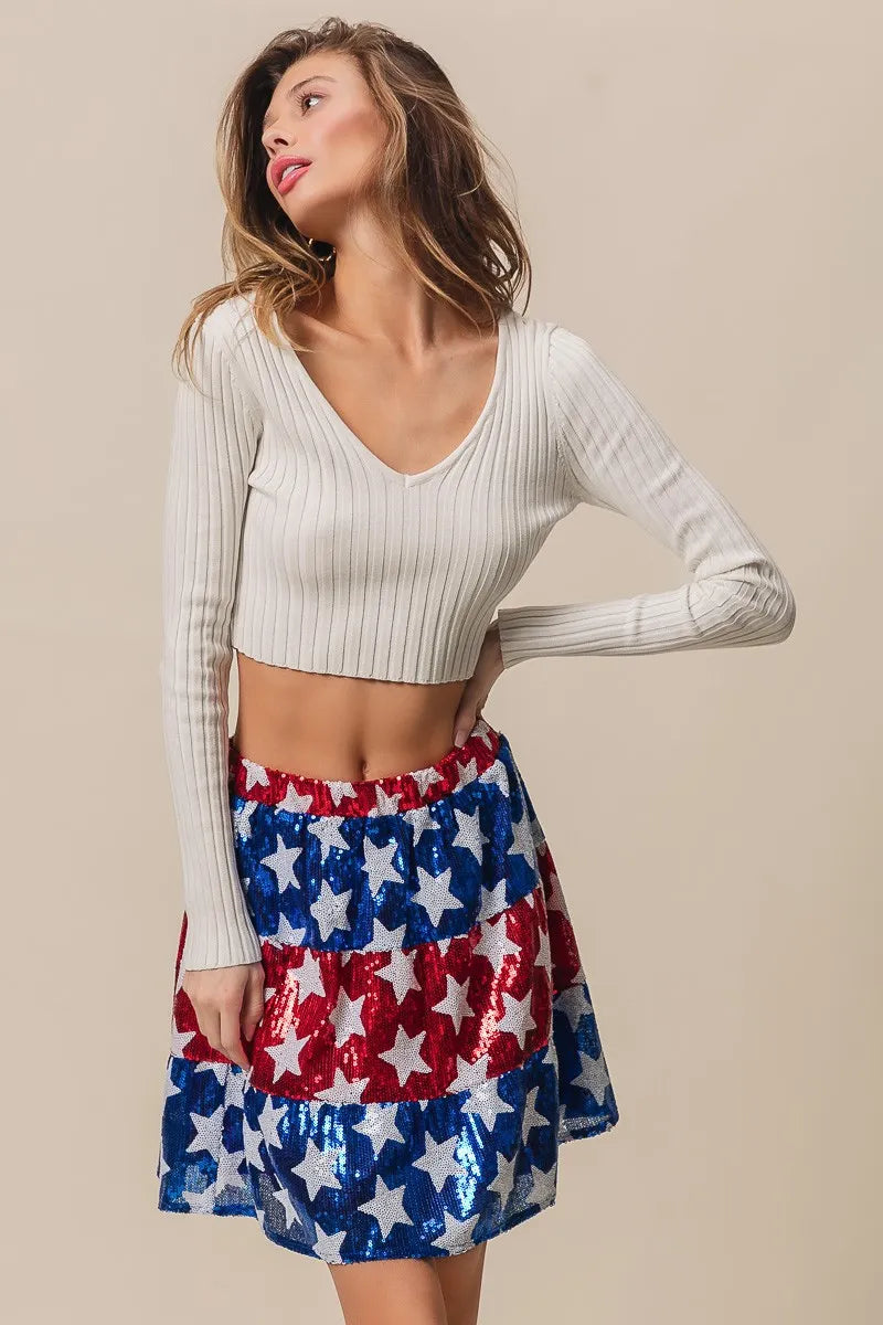 BiBi American Flag Theme Star Sequin Tiered Skirt - Fashorio