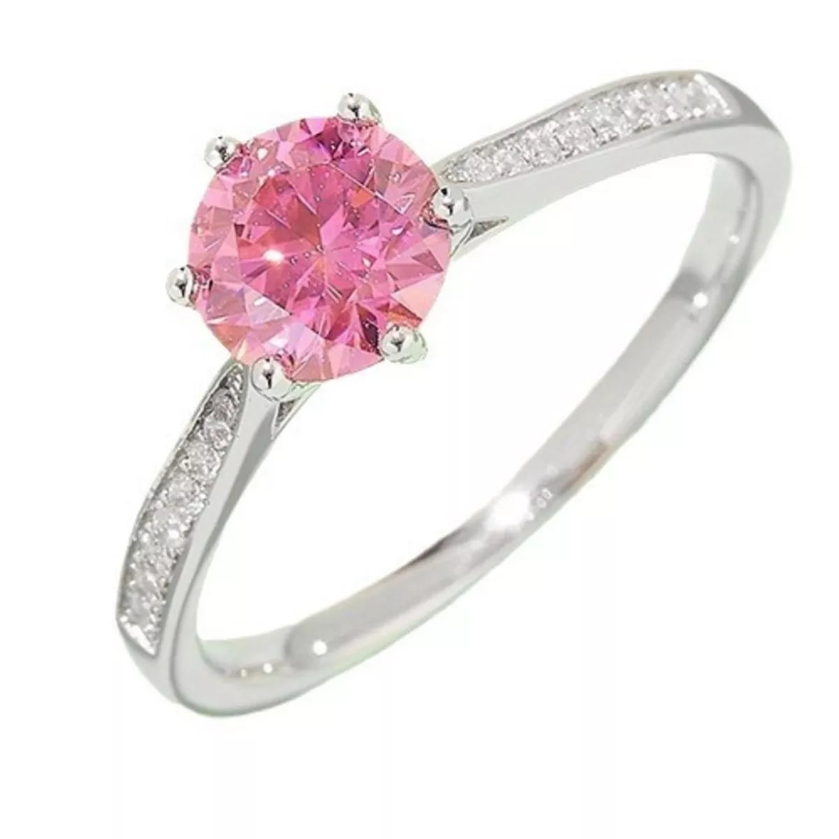 Pink moissanite ring shown from above