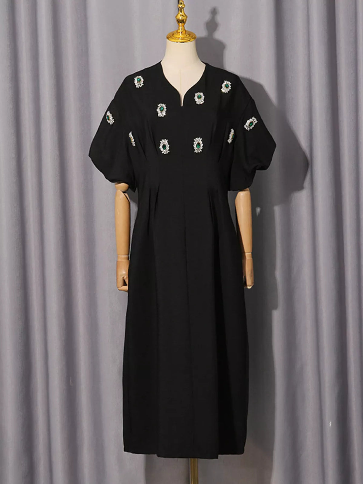 Embellished puff sleeve midi dress side view