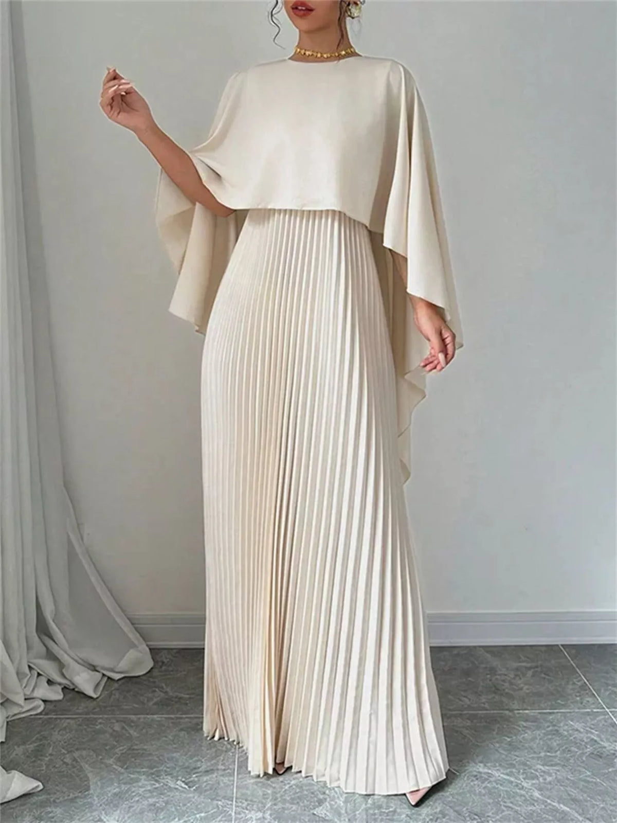 cape sleeve pleated maxi dress side profile