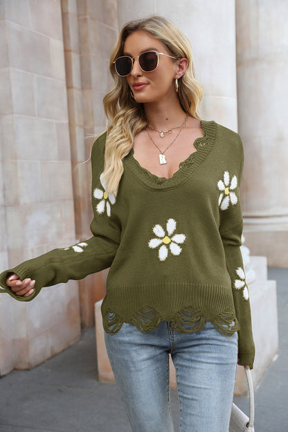 Flower Distressed Long Sleeve Sweater Olive Brown - Fashorio