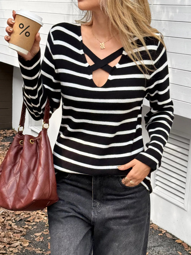 Striped cross front long sleeve knit top front view