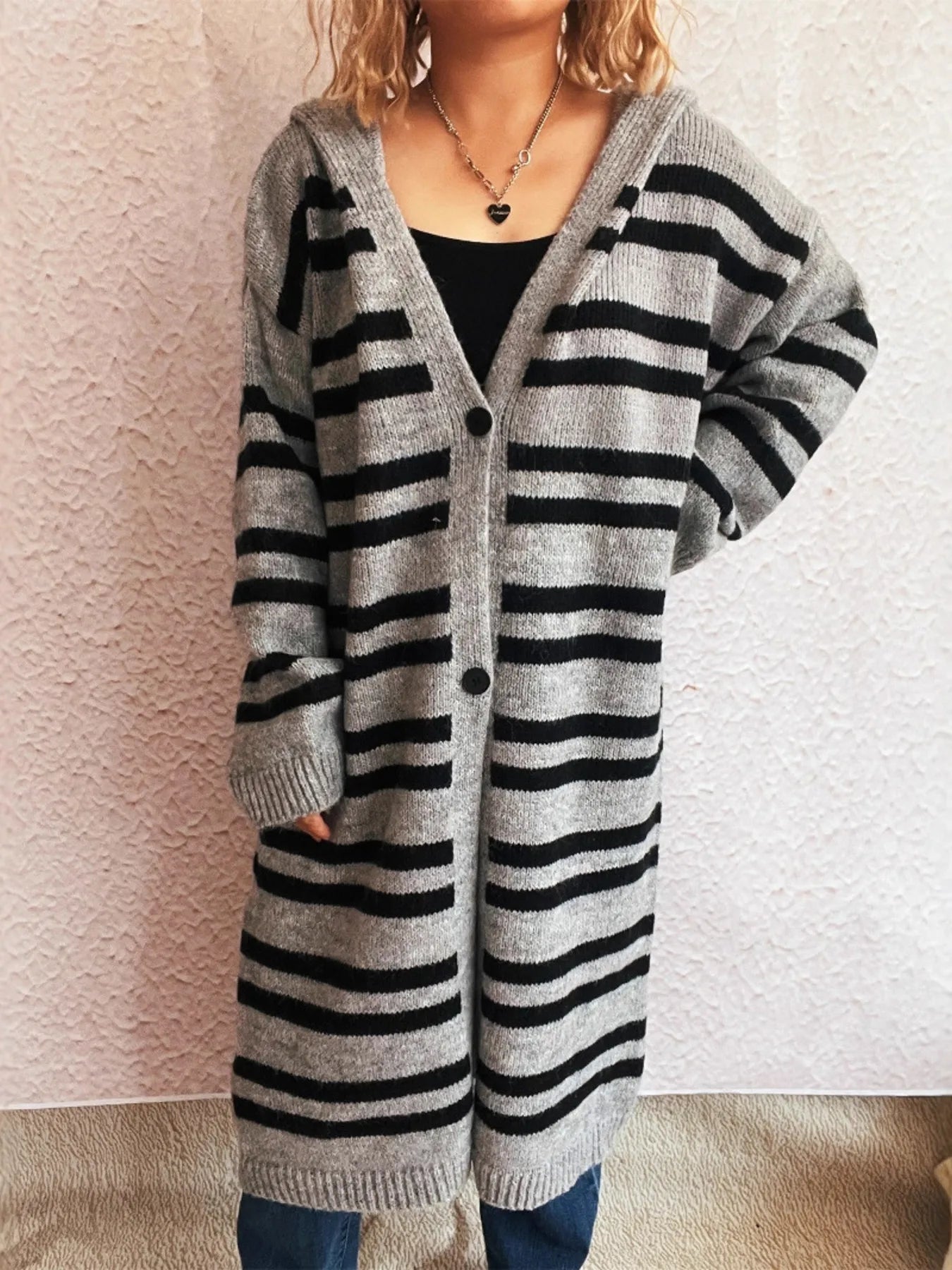 Striped Open Front Hooded Cardigan - Fashorio