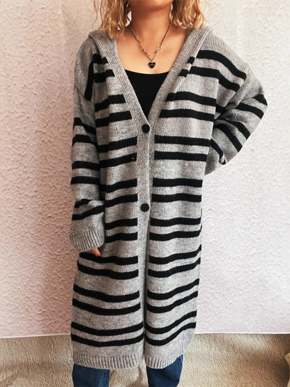 Striped Open Front Hooded Cardigan - Fashorio